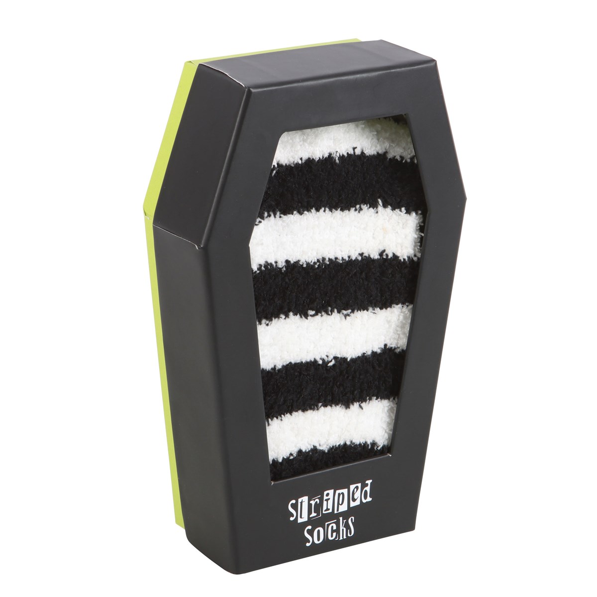 chaussettes rayées dans un coffret cadeau en forme de cercueil