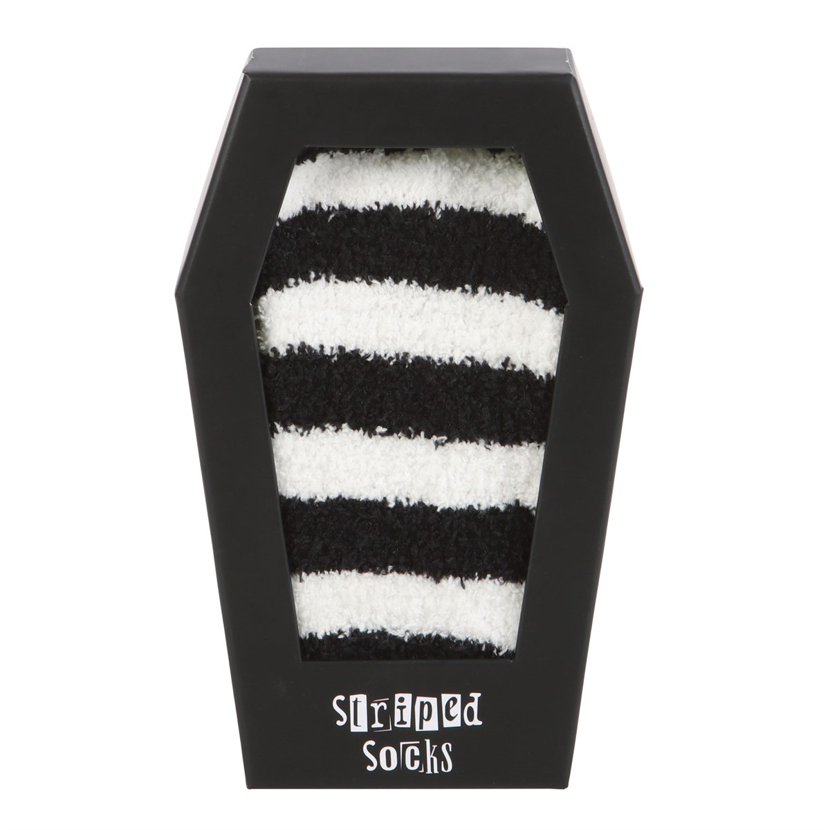 chaussettes rayées dans un coffret cadeau en forme de cercueil